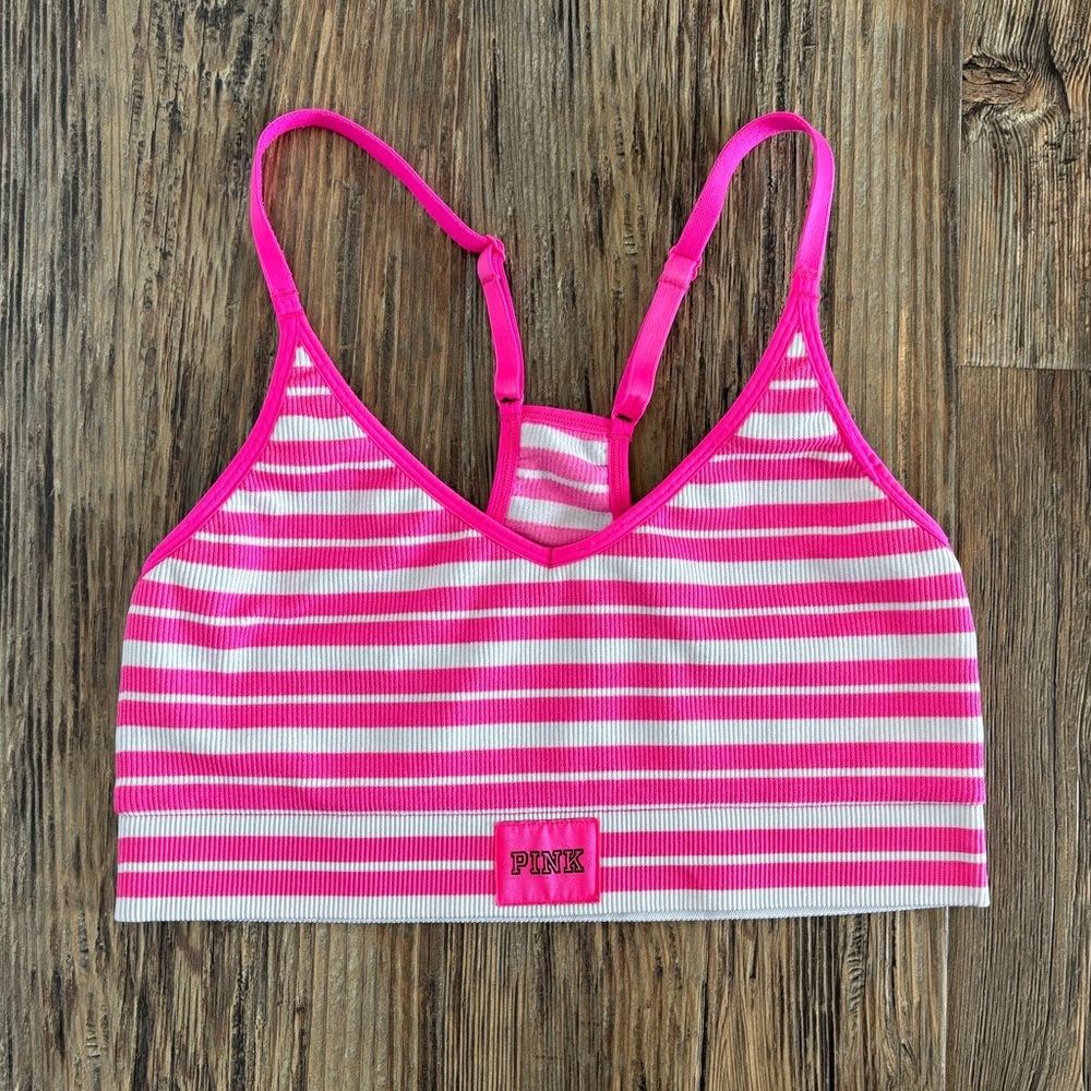 VS PINK Active Seamless Racerback Sports Bra Medium Pink White Stripe Low Impact
